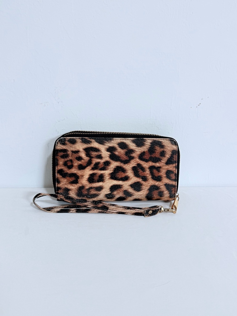 Brown Leopard Print Dual-Zip-Around Wristlet Wallet with Card & License Slots